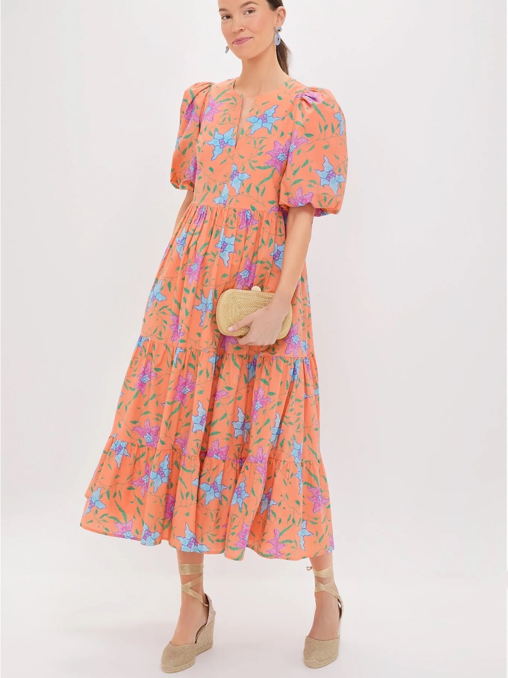 Women's Floral Puff-Sleeve Midi Dress - Orange